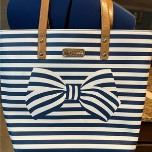 Bag stripped shoulder bags blue and white with bow design tan strap